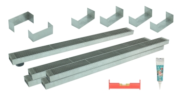 Entwässerungsrinne Edelstahl superflach Rost Längsstabrost SET Typ 5, System 35/80